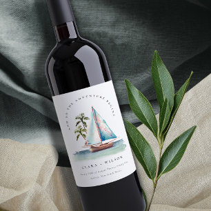 Elegant Dusky Teal Sailboat Palm Seascape Wedding  Wine Label