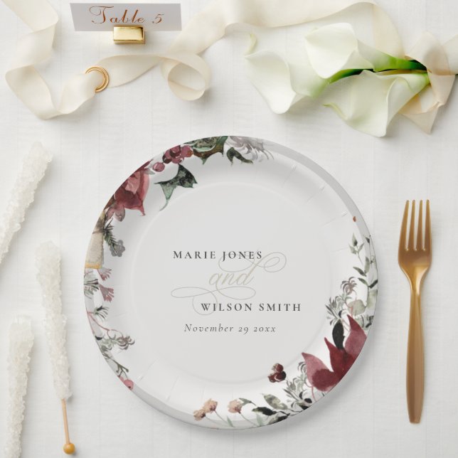 Elegant Dusky Warm Winter Festive Foliage Wedding Paper Plates (Wedding)