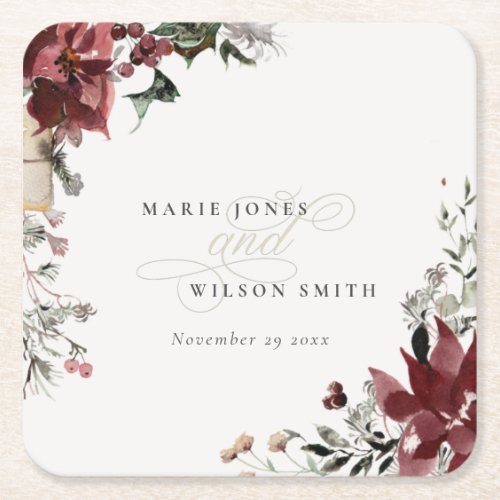 Elegant Dusky Warm Winter Festive Foliage Wedding Square Paper Coaster