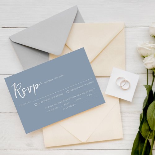 Elegant Dust Blue Script Meal Choice Wedding RSVP Card