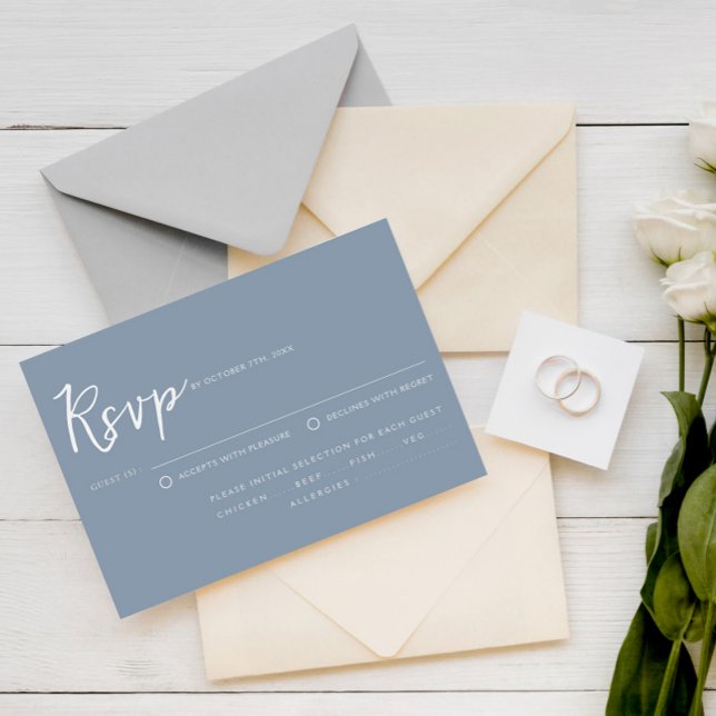 Elegant Dust Blue Script Meal Choice Wedding RSVP Card (Creator Uploaded)
