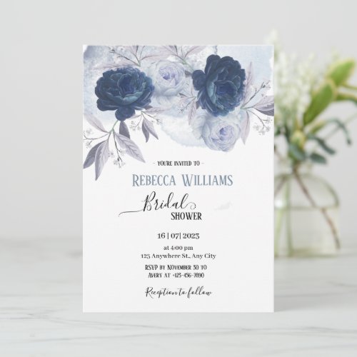 Elegant  Dusty and Navy Blue Floral Rose Invitation