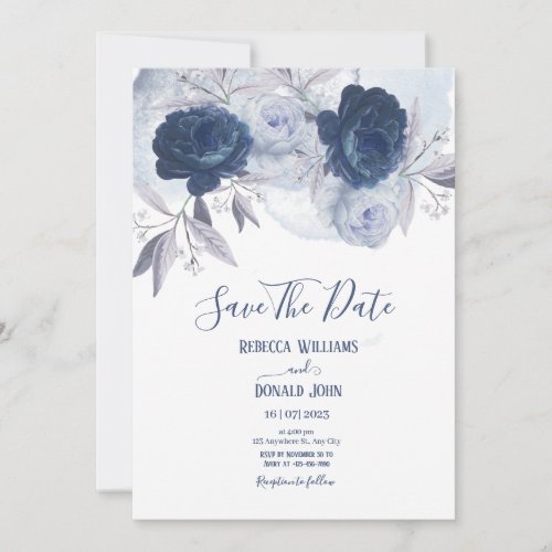 Elegant  Dusty and Navy Blue Floral Rose Invitation