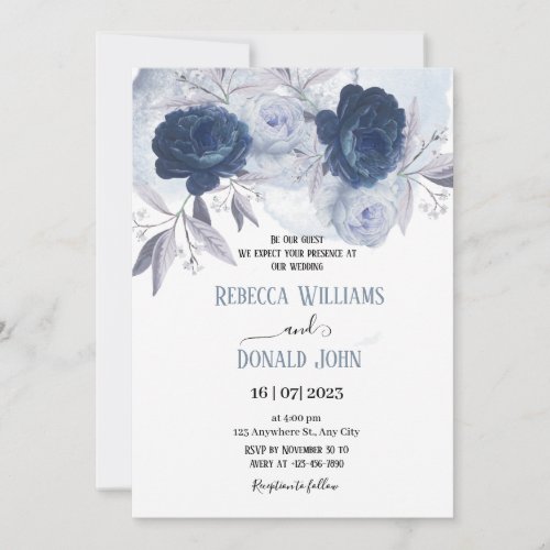 Elegant  Dusty and Navy Blue Floral Rose Wedding   Invitation