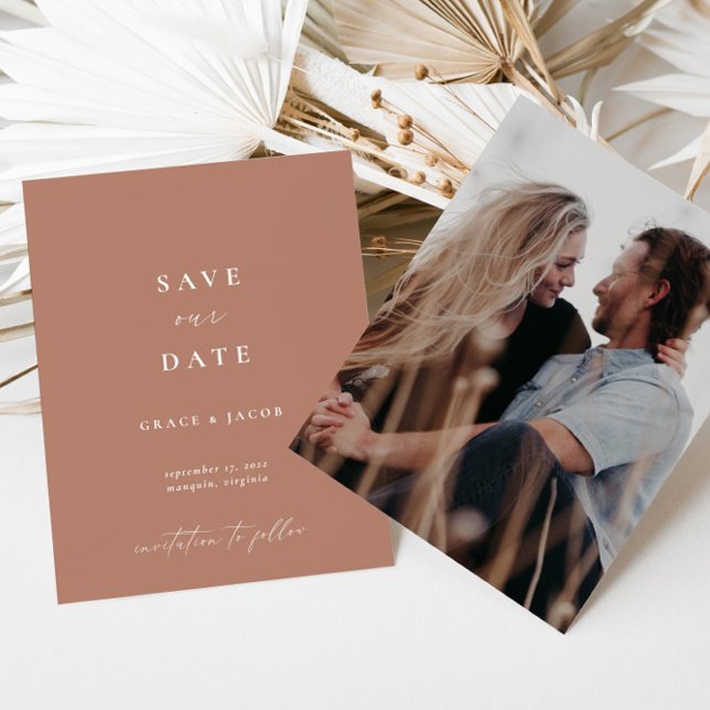 Elegant Dusty Beige Pink Minimalist Script Photo Save The Date (Creator Uploaded)