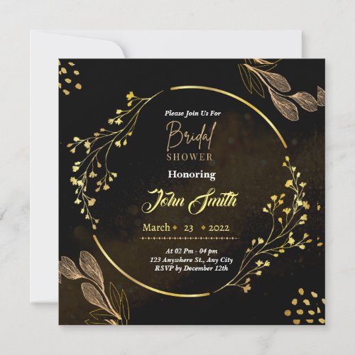 Elegant Dusty Black Gold Flower Bridal Shower Invitation
