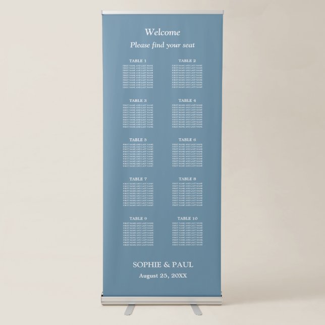 Elegant Dusty Blue 10 Table Wedding Seating Chart Retractable Banner (Front)
