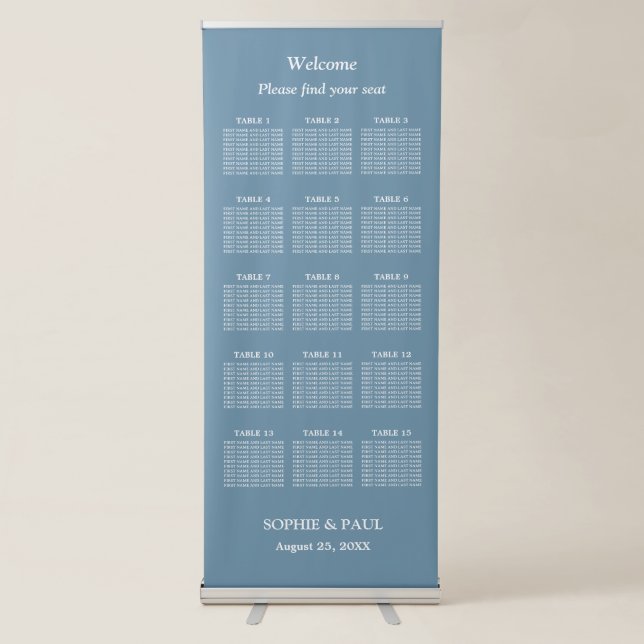 Elegant Dusty Blue 15 Table Wedding Seating Chart Retractable Banner (Front)