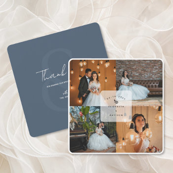 Elegant Dusty Blue 4 Photo Collage Wedding Thank You Card by littleteapotdesigns at Zazzle