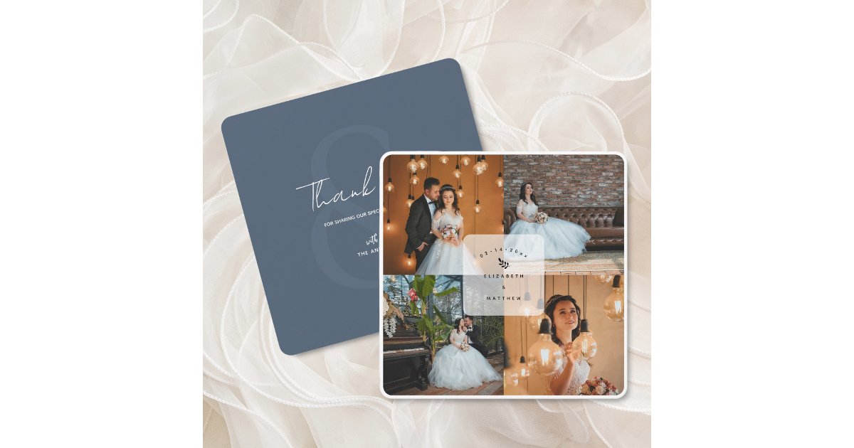 Elegant Dusty Blue 4 Photo Collage Wedding Thank You Card | Zazzle