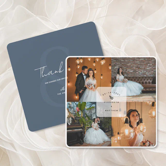 Elegant Dusty Blue 4 Photo Collage Wedding Thank You Card | Zazzle