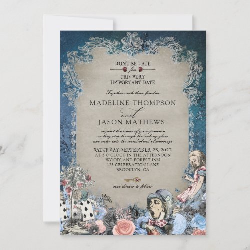 Elegant Dusty Blue Alice in Wonderland Wedding Invitation