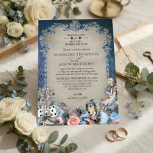 Elegant Dusty Blue Alice in Wonderland Wedding Invitation