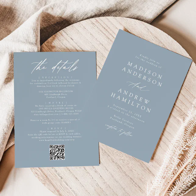 Elegant Dusty Blue All In One QR Code Wedding Invitation | Zazzle