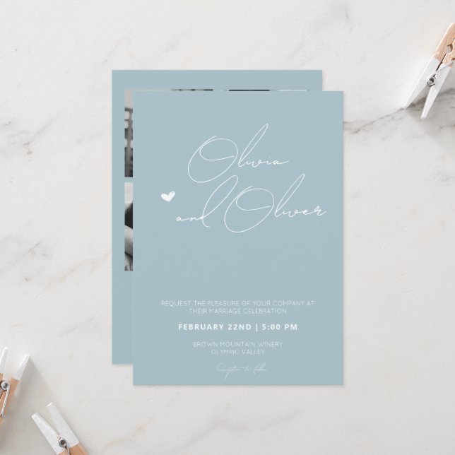 Elegant dusty blue all in one wedding  invitation (Front/Back In Situ)
