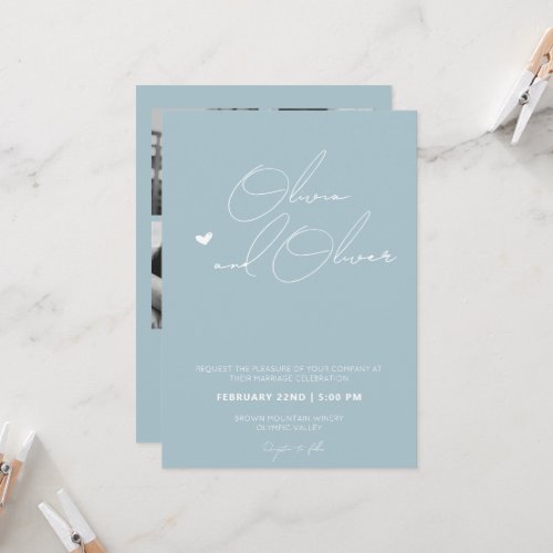 Elegant dusty blue all in one wedding  invitation