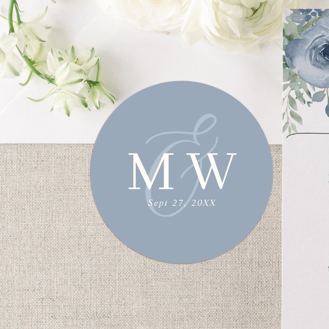Elegant Dusty Blue Ampersand Monogram Wedding Classic Round Sticker (Creator Uploaded)