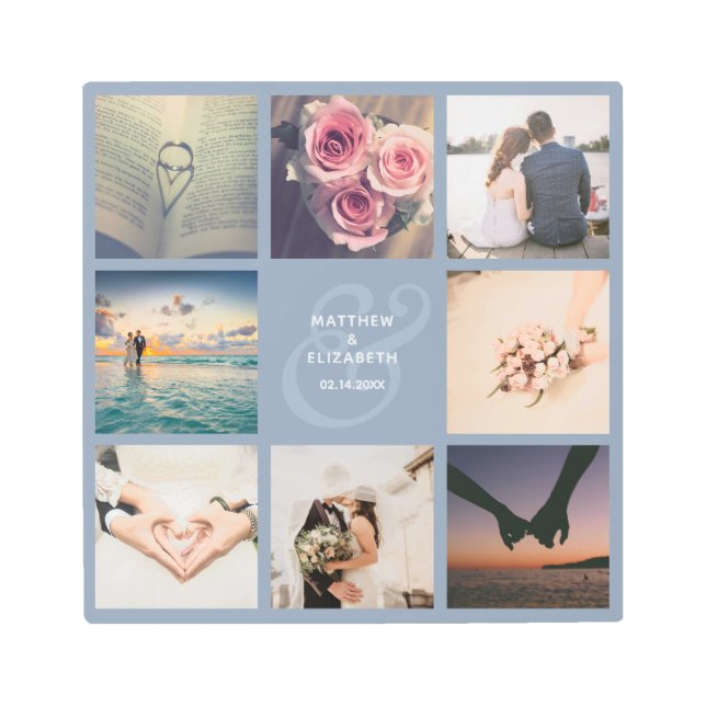 Elegant Dusty Blue Ampersand Wedding Photo Collage Metal Print (Front)