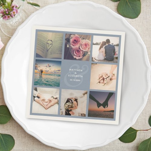 Elegant Dusty Blue Ampersand Wedding Photo Collage Napkins