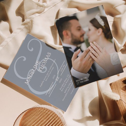 Elegant Dusty Blue Ampersand With Photo Wedding Invitation