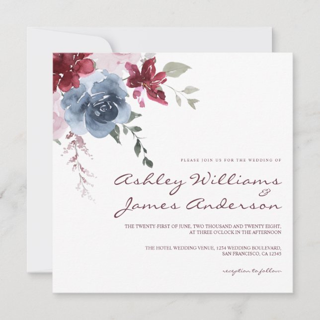 Elegant Dusty Blue and Burgundy Floral Wedding Invitation (Front)