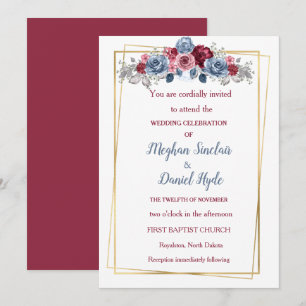 Elegant Dusty Blue and Burgundy Wedding  Invitation