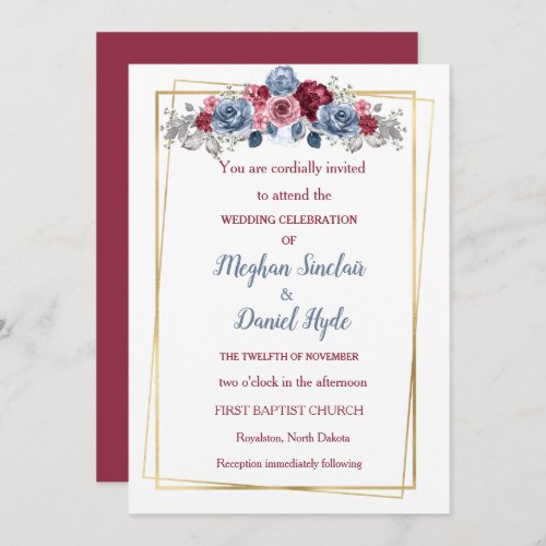 Elegant Dusty Blue and Burgundy Wedding  Invitation