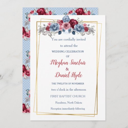 Elegant Dusty Blue and Burgundy Wedding Invitation