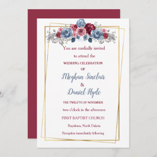 Elegant Dusty Blue and Burgundy Wedding Invitation