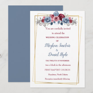 Elegant Dusty Blue and Burgundy Wedding Invitation
