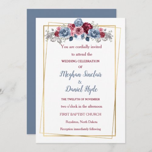 Elegant Dusty Blue and Burgundy Wedding Invitation