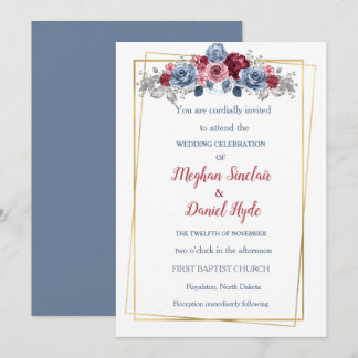 Elegant Dusty Blue and Burgundy Wedding Invitation