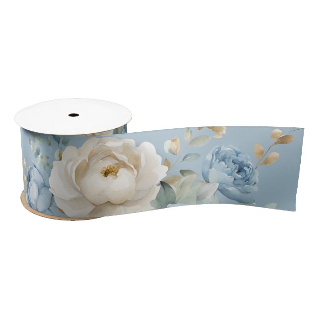 Elegant Dusty Blue and Cream Rose Wedding  Satin Ribbon (Spool)