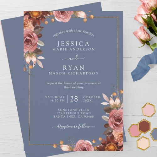 Elegant Dusty Blue and Dusty Rose Floral Wedding Invitation