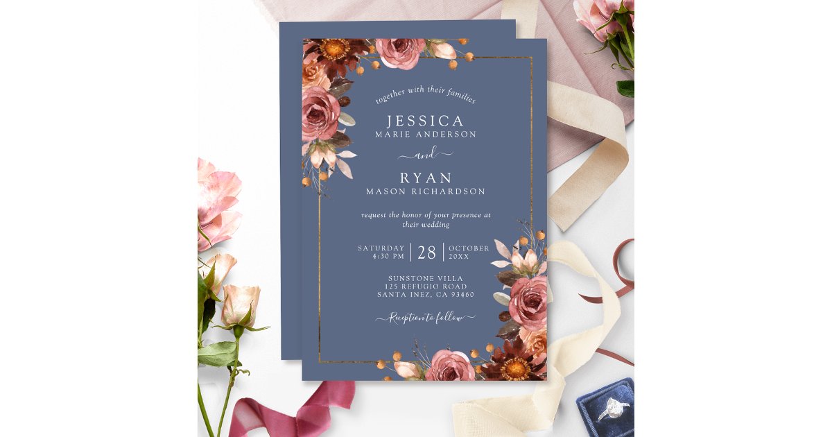 Elegant Dusty Blue and Dusty Rose Floral Wedding Invitation | Zazzle