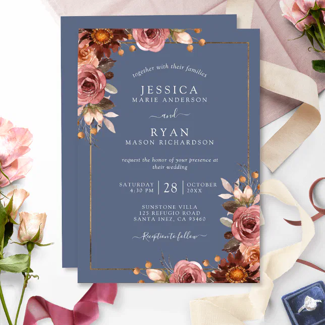 Elegant Dusty Blue and Dusty Rose Floral Wedding Invitation | Zazzle
