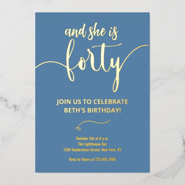 Elegant  Dusty Blue and Gold 40 BIRTHDAY CARD (Front)