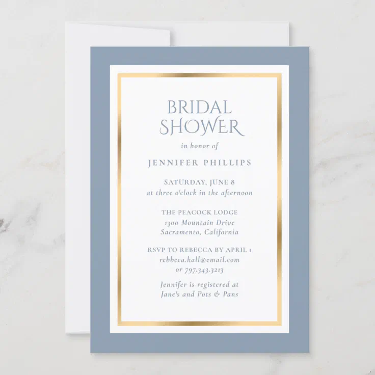 Elegant Dusty Blue and Gold Bridal Shower Invitation Zazzle