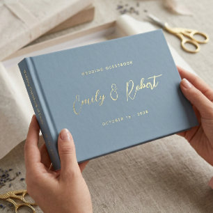 Elegant Dusty Blue and Gold Calligraphy Wedding Foil Guest Book