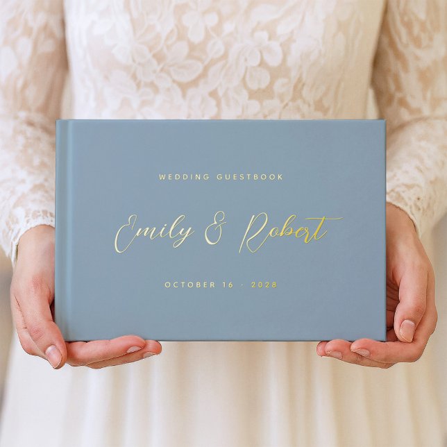 Elegant Dusty Blue and Gold Calligraphy Wedding Foil Guest Book (Creator Uploaded)