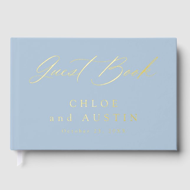 Elegant Dusty Blue and Gold Calligraphy Wedding Foil Guest Book (Front)