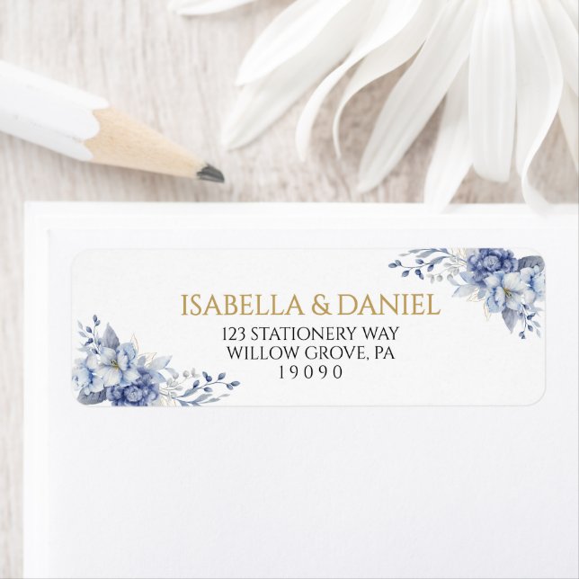 Elegant Dusty Blue and Gold Floral Return Address Label (Insitu)