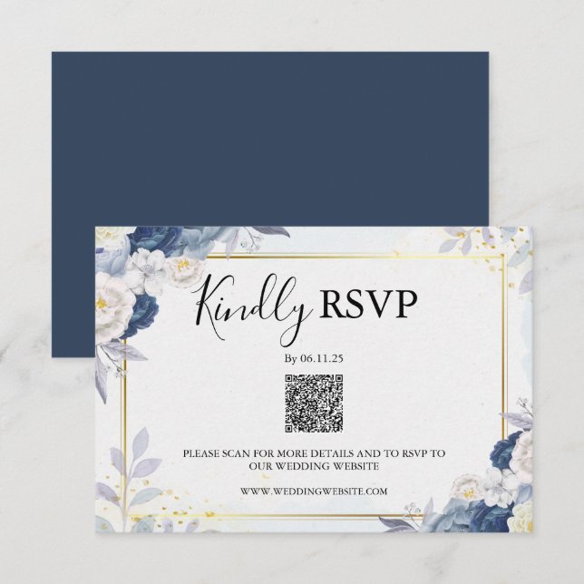 Elegant Dusty Blue and Gold Floral Rsvp Qr Code (Front/Back)