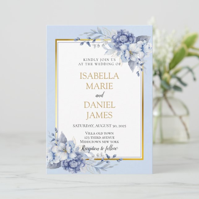 Elegant Dusty Blue and Gold Floral Wedding Invitation (Standing Front)