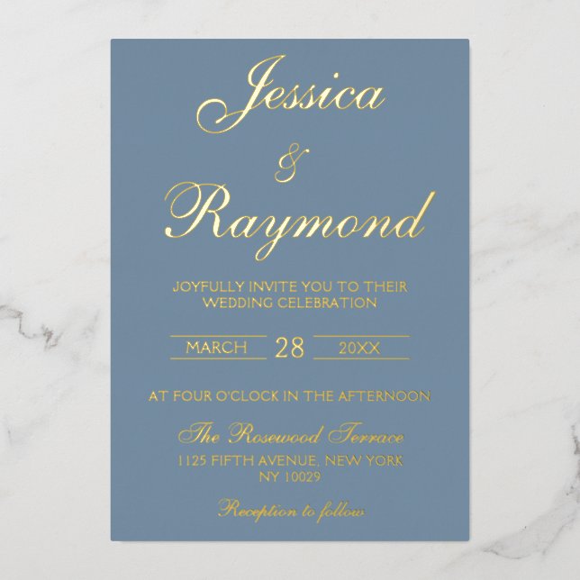 Elegant Dusty Blue and Gold Foil Wedding Foil Invitation (Front)