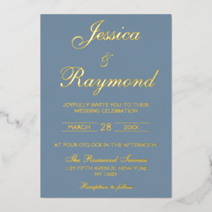 Elegant Dusty Blue and Gold Foil Wedding Invitation