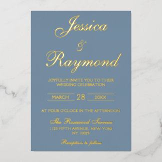Elegant Dusty Blue and Gold Foil Wedding Invitation