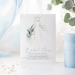 Elegant Dusty Blue and Gold Greenery Bridal Shower Invitation