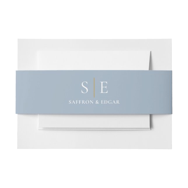 Elegant Dusty Blue And Gold Monogram Wedding Invitation Belly Band (Front Example)