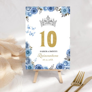 Elegant dusty blue and  gold quinceanera  table number